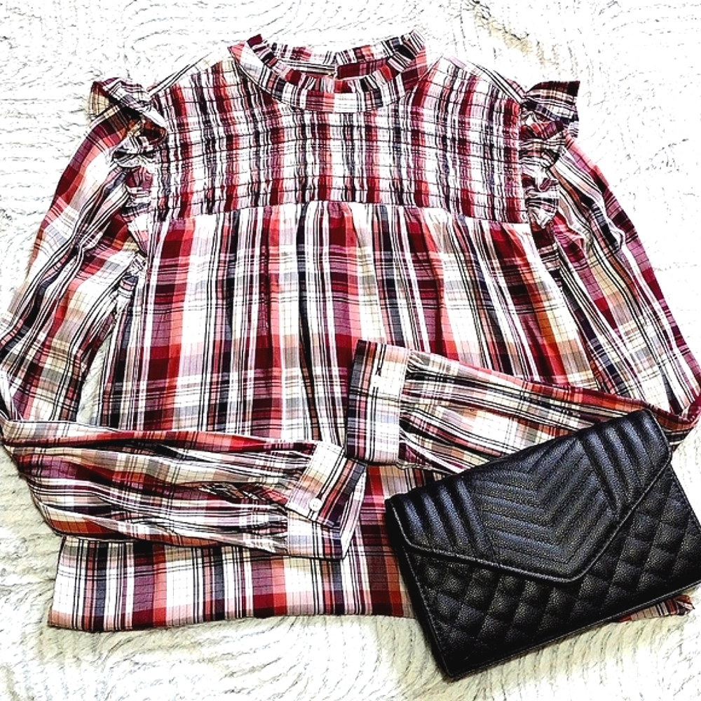 Loft Plaid Smocked Yoke Blouse